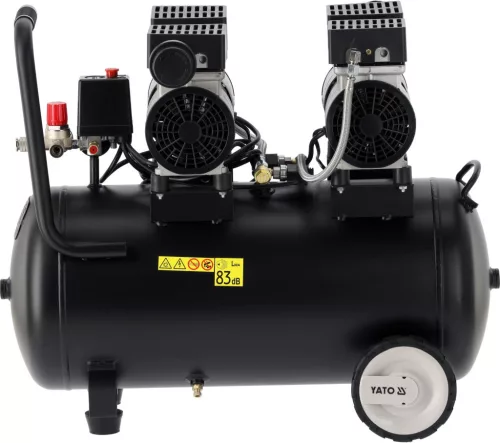 YATO Kompresszor 50 literes tartállyal, olajmentes csendes kivitel, 1,5 kW, 280 l/perc, 8 bar (YT-23345)