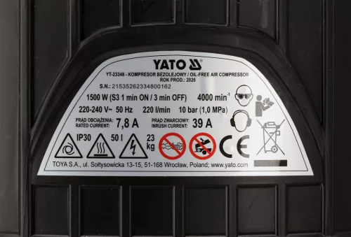 YATO Kompresszor 50 literes álló tartállyal, olajmentes rendszerrel, 1500 W, 220 l/perc, 10 bar (YT-23348)