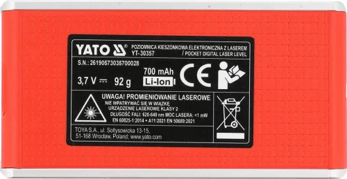 YATO Digitális zsebvízmérték lézerrel, 0–90°, 20 m, mágneses talppal (YT-30357)