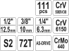YATO Dugókulcs készlet 111 részes 1/2" 14-32, 1/4" 3,5-13, 3/8" 9-16 CrV (YT-38831)