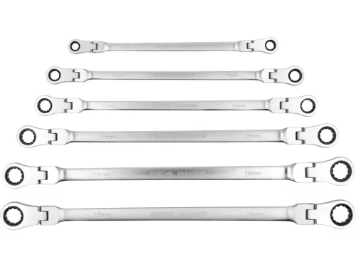 YATO Extra hosszú kettős csuklós racsnis csillagkulcs készlet 8-19 mm, 6 db-os (YT-50390)