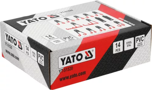 YATO Garázskampó készlet falra, 12 acél kampóval és 2 tépőzáras pánttal, PVC bevonattal, 14 részes (YT-51520)