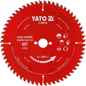   YATO PTFE-bevonatú keményfémlapkás körfűrészlap fához, 185 × 20 mm, 60 fog (YT-608736)