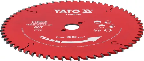 YATO PTFE-bevonatú keményfémlapkás körfűrészlap alumíniumhoz, 185 × 20 mm, 60 fog (YT-608754)