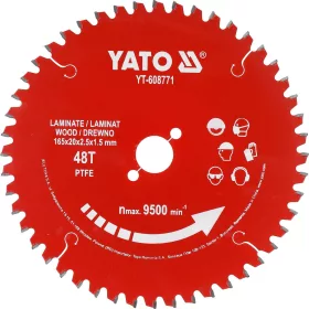   YATO PTFE-bevonatú keményfémlapkás körfűrészlap laminálthoz, 165 × 20 mm, 48 fog (YT-608771)