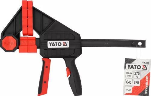 YATOGyorsszorító 150 × 100 mm, 270 kg szorítóerő, egykezes, C45 acél sín (YT-63880)