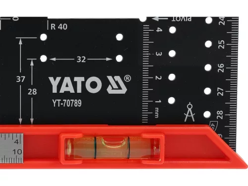 YATO Derékszög mérővonalzó 300 mm, acél testtel és beépített vízmértékkel (YT-70789)
