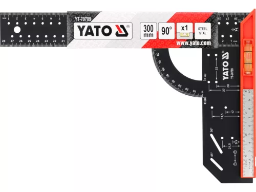 YATO Derékszög mérővonalzó 300 mm, acél testtel és beépített vízmértékkel (YT-70789)