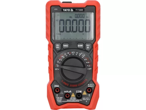 YATO Digitális multiméter True RMS AC/DC, 1000 V, 20 A, NCV, 25 000 kijelzési érték (YT-730895)