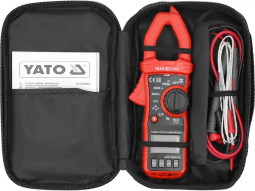 YATO Lakatfogó multiméter True RMS AC/DC, 10 mA–1000 A, 1000 V, NCV, indulóáram-méréssel (YT-730933)
