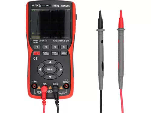 YATO Digitális oszcilloszkóp és True RMS multiméter jelgenerátorral, 2 csatornás, 50 MHz, 280 MSa/s (YT-730944)