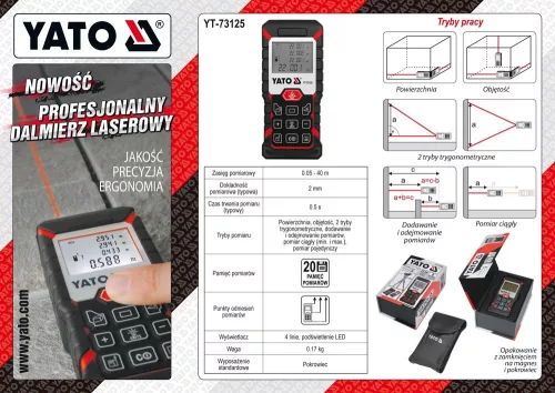 YATO Lézeres távolságmérő 0,05–40 m, ±2 mm pontossággal, IP54 védelemmel (YT-73125)