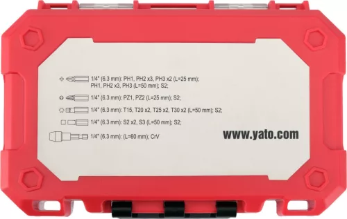 YATO Ütvecsavarozó bitkészlet 1/4”, 24 részes, PH / PZ / TORX / SQ, S2 acél, 25–50 mm (YT-78075)