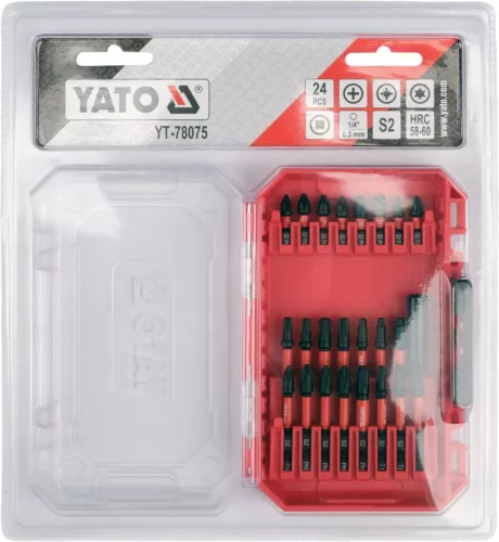 YATO Ütvecsavarozó bitkészlet 1/4”, 24 részes, PH / PZ / TORX / SQ, S2 acél, 25–50 mm (YT-78075)