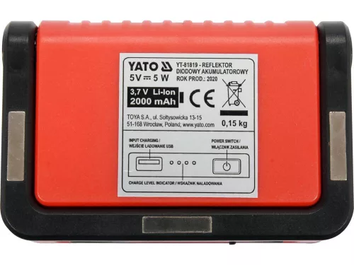 YATO Munkalámpa COB LED-del, 5 W, 300 lm, 2000 mAh akkumulátorral, mágneses talppal (YT-81819)