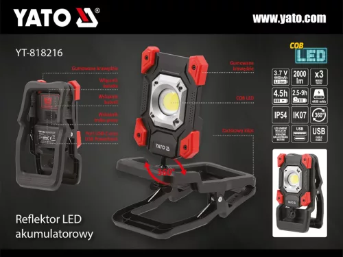 YATO ÚJRATÖLTHETŐ HORDOZHATÓ LED MUNKALÁMPA, 20W, 2000 LM, GYORSRÖGZÍTŐVEL (YT-818216)