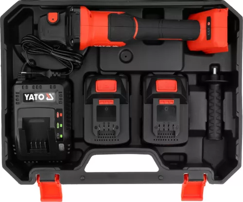 YATO Akkus sarokcsiszoló szénkefementes motorral, 18 V, 125 mm, 2×4,0 Ah akkumulátorral és kofferrel (YT-828255)