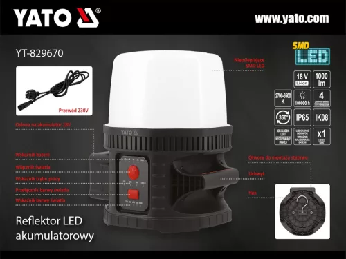 YATO Akkumulátoros reflektor 18V 10000LM 360°  (YT-829670)