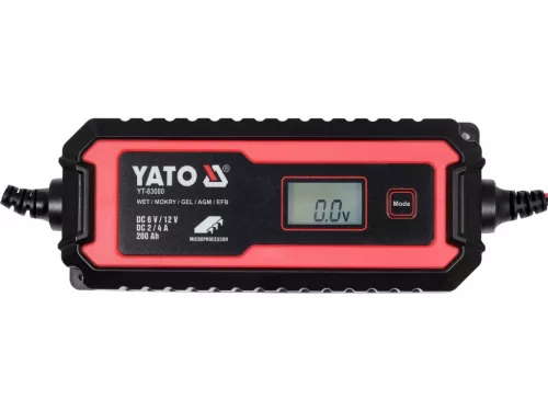 YATO Akkumulátortöltő 6/12 V, 2/4 A, LCD-kijelzővel, 5–200 Ah (YT-83000)