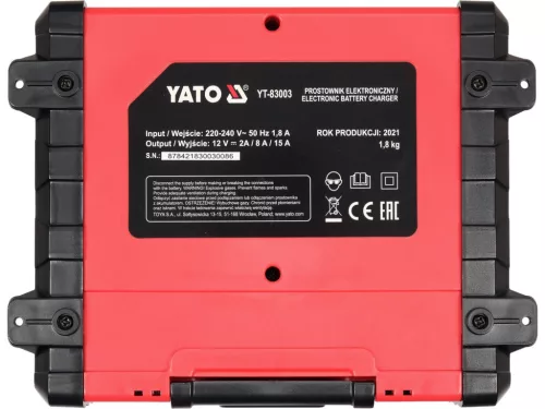 YATO Mikroprocesszoros akkumulátortöltő LCD kijelzővel, 12 V, 2/8/15 A, 5–200 Ah (YT-83003)