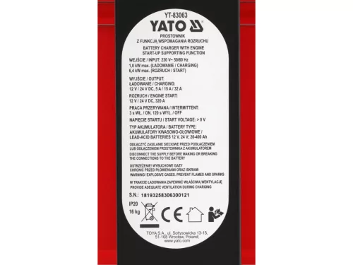 YATO Akkumulátortöltő indításrásegítővel 12/24 V, 20–400 Ah, 320 A (YT-83063)