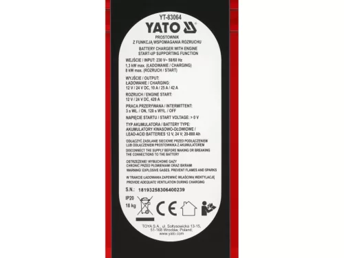 YATO Akkumulátortöltő indításrásegítővel 12/24 V, 20–800 Ah, 420 A (YT-83064)