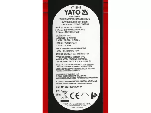 YATO Akkumulátortöltő indításrásegítővel 12/24 V, 10/30/52 A, 520 A, 20–1000 Ah (YT-83065)