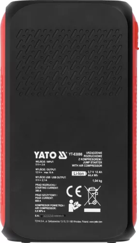 YATO Bikázó kompresszorral és powerbankkal, 12 V, 300 A / 600 A, 120 PSI, 12 Ah (YT-83086)