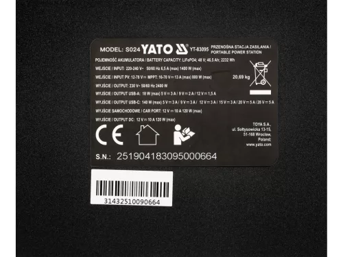 YATO Energiaállomás 2400 W, 2232 Wh, LiFePO4 akkumulátorral és EPS funkcióval (YT-83095)