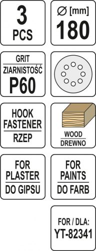 YATO Fíbertárcsa tépőzáras 180 mm P60 (3 db/cs) (YT-83461)