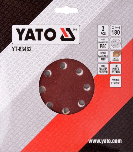 YATO Fíbertárcsa tépőzáras 180 mm P80 (3 db/cs) (YT-83462)