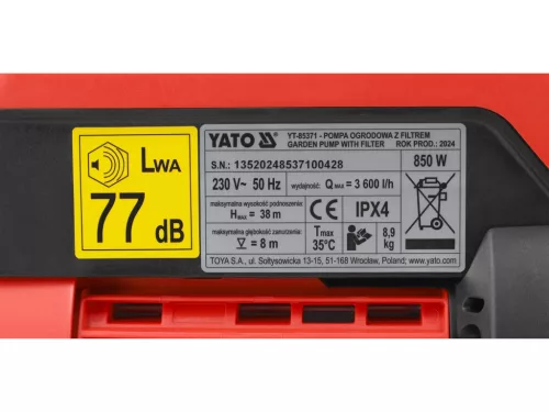 YATO Kerti  szivattyú ( hidrofor ) , szűrővel  850 watt  (YT-85371)